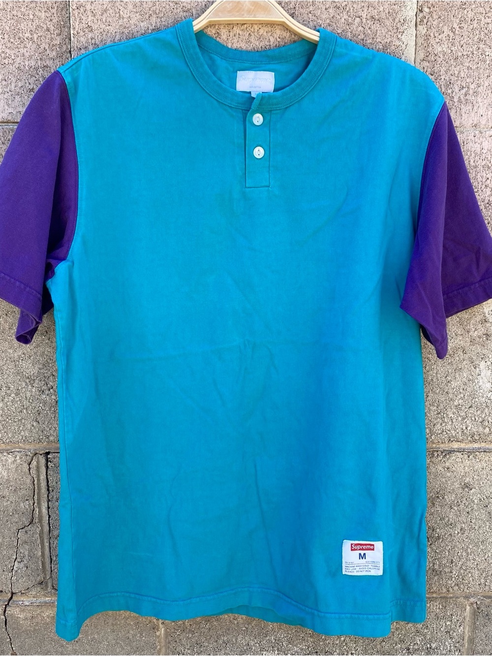 Supreme 2 Tone S/S Henley T-Shirt Blue Purple Sleeve Logo Embroidery 2017 Medium